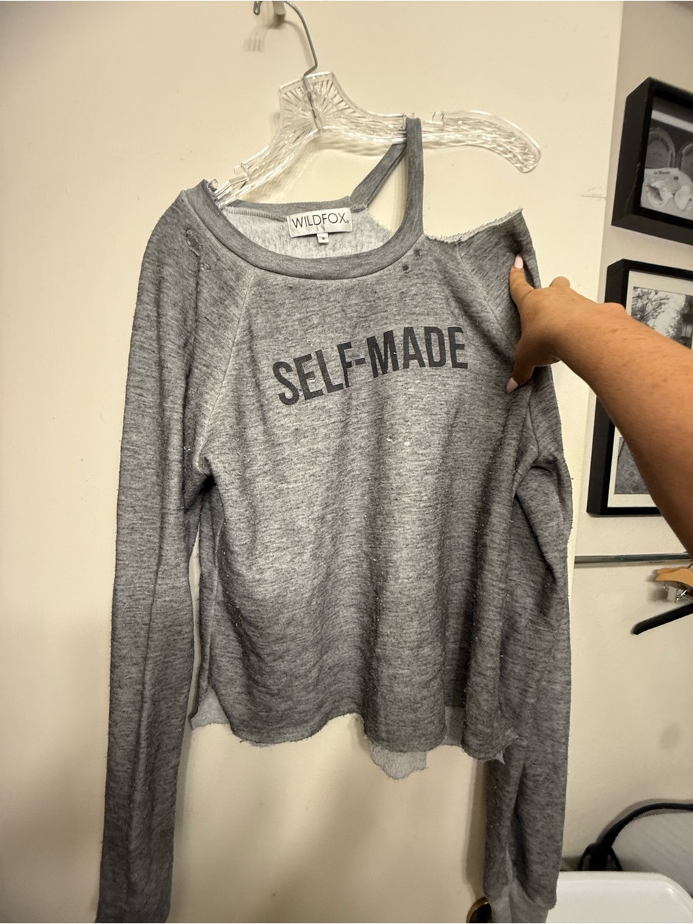 Wildfox Self-Made Gray Cold Shoulder Sweatshirt | Size S | Distressed